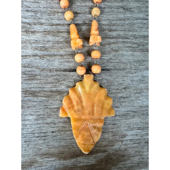 Carved Orange Leaf Pendant Necklace With Beaded Chain & Hook Clasp For Women Or - Picture 1 of 7